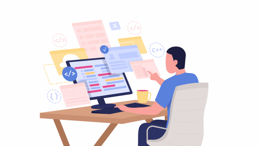 Animated developer flat character. Full body person 4k video footage with alpha channel. Online course. Remote programming job color cartoon style illustration for motion graphic design and animation