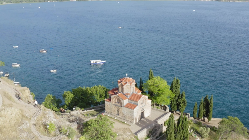 Church of St John in Kaneo on Lake Ohrid North Macedonia, drone flying away