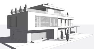 Video rendering of a modern house with a flat roof. Frame model of the house. Two-storey house with a terrace