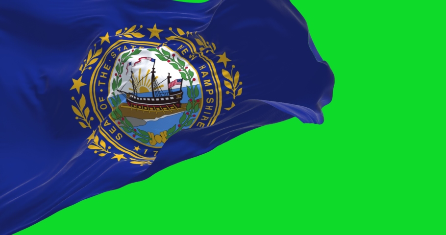 The flag of New Hampshire state flag waving isolated on a green background. Us state flag. Seamless loop in slow motion. Green screen and chroma key