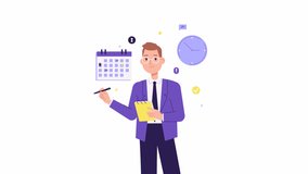 Businessman character animation. Calendar and clock, Schedule planning concept. Time management and self organization. work-life balance, working time. Animated stock video, cartoon style - Powered by Shutterstock - Get 15% off with code: PIKWIZARD15