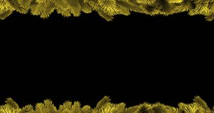 Animation of gold snowflakes falling on black background with christmas tree border. Christmas, winter, festivity, tradition and celebration concept digitally generated video.