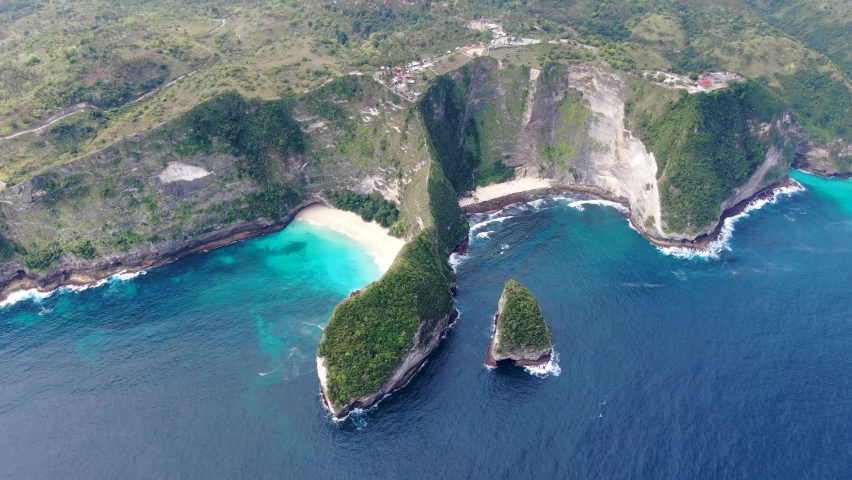 Iconic Kelingking beach in Nusa Penida, aerial drone view