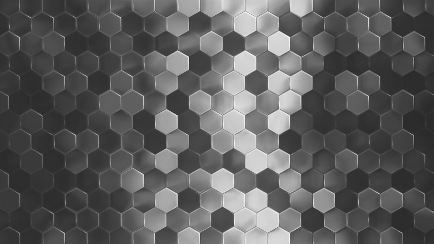 Abstract metallic hexagon Background. Hexagonal metal pattern wall. 3D rendering. Projection Mapping element with moving steel polygonal surface. 4k Seamless loop