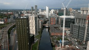 Drone Aerial Of Manchester City Over River Irwell