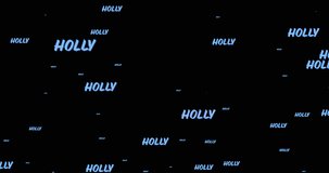 Animation of repeated holly text in blue and gold christmas baubles swinging on black background. Christmas, winter, festivity, tradition and celebration concept digitally generated video.
