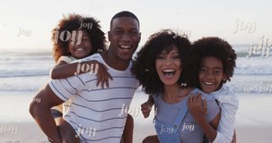Animation of joy text repeated over happy african american family on sunny beach at christmas time. Christmas, holidays, festivity, family and celebration concept digitally generated video.