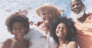 Animation of jolly text and happy diverse grandchildren and grandparents on sunny beach at christmas. Christmas, holidays, festivity, family and celebration concept digitally generated video.