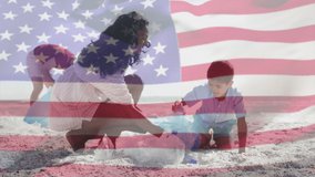 Animation of flag of united states of america over biracial mother recycling with son on beach. American patriotism, diversity, recycling and tradition concept digitally generated video. - Powered by Shutterstock - Get 15% off with code: PIKWIZARD15