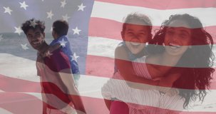 Animation of flag of united states of america over biracial couple carrying children piggyback. American patriotism, diversity and tradition concept digitally generated video.