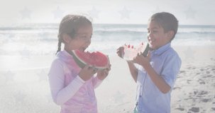 Animation of flag of united states of america over biracial boy and girl eating watermelon on beach. American patriotism, diversity and tradition concept digitally generated video.