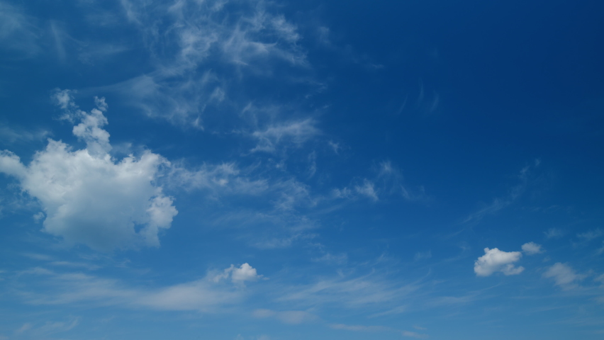 Sky with bautiful silky clouds. Puffy fluffy cumulus and cirrus on different layers clouds. Timelapse.