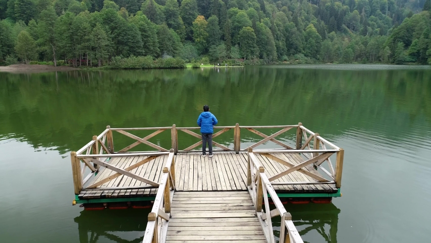 Aerial drone shot of a man looking at the landscape in Artvin Karagol.
