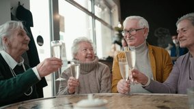Happy senior friends sitting indoors in cafe clinking champagne glasses and celebrating - Powered by Shutterstock - Get 15% off with code: PIKWIZARD15