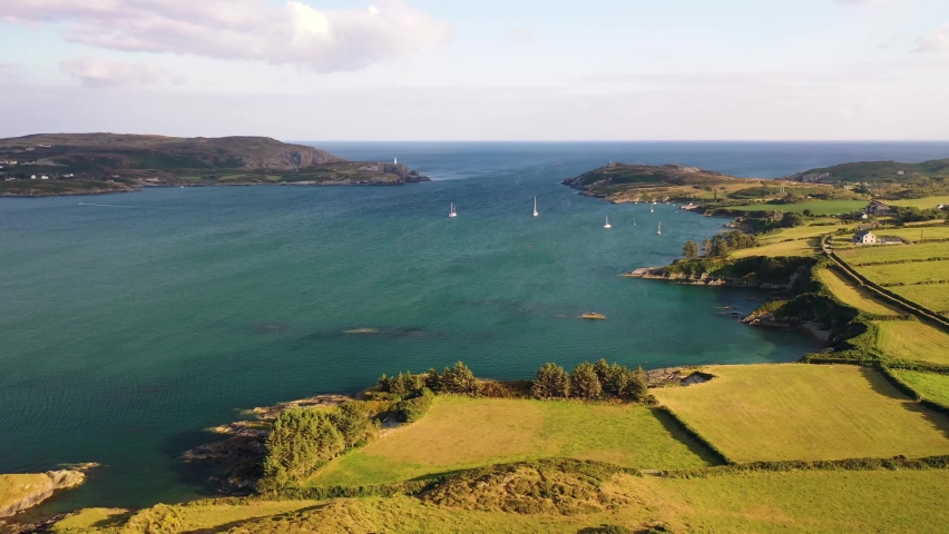Aerial view of The Baltimore Beacon, South West Cork, Ireland a whitewashed tower guarding the entrance of the harbour, is Baltimore’s major landmark.Located between Baltimore and Sherkin island.