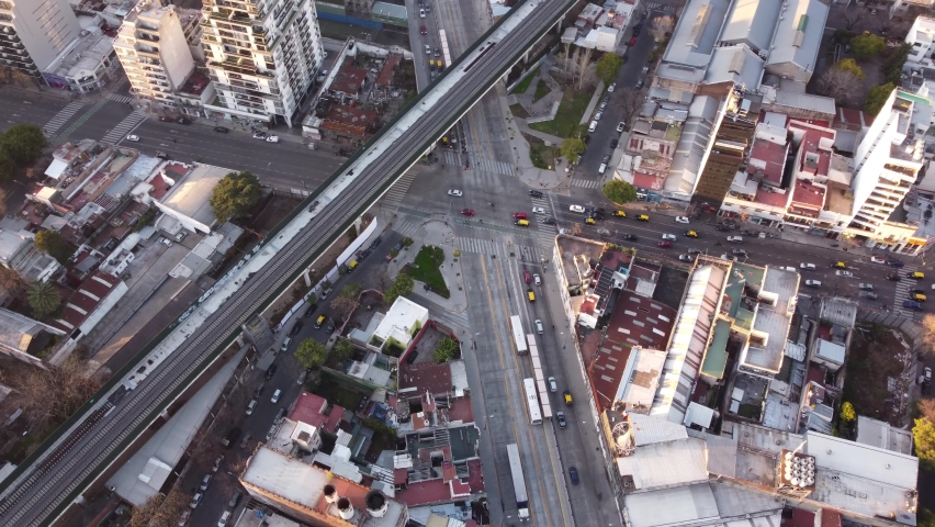 Aerial top down shot of Traffic at Juan B Justo and Cordoba Avenue in Buenos Aires,Argentina