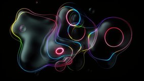 3d render video animation with surreal bubbles spheres in deformation motion process in dark transparent plastic material with neon laser plasma glowing round curve lines in rainbow color on surface