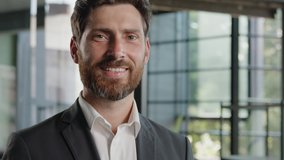 Close up male portrait in office smiling happy dental toothy smile 40s bearded man client customer middle-aged businessman professional specialist boss leader financial advisor executive entrepreneur - Powered by Shutterstock - Get 15% off with code: PIKWIZARD15