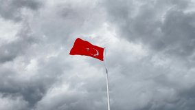 Turkish flag waving in dark cloudy and windy weather.