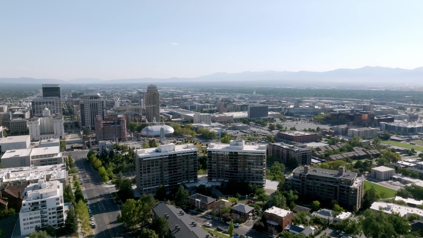 Aerial view of the Salt Lake city downtown. Beautiful mormon city. Downtown of the Salt Lake City skyline over Temple Square.