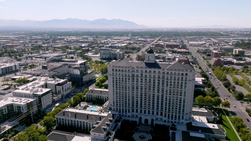 Aerial view of the Salt Lake city downtown. Beautiful mormon city. Downtown of the Salt Lake City skyline over Temple Square.