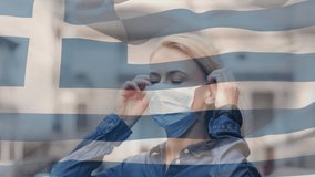 Animation of flag of greece waving over caucasian woman wearing face mask in city street. global health precautions during covid 19 pandemic concept digitally generated video.