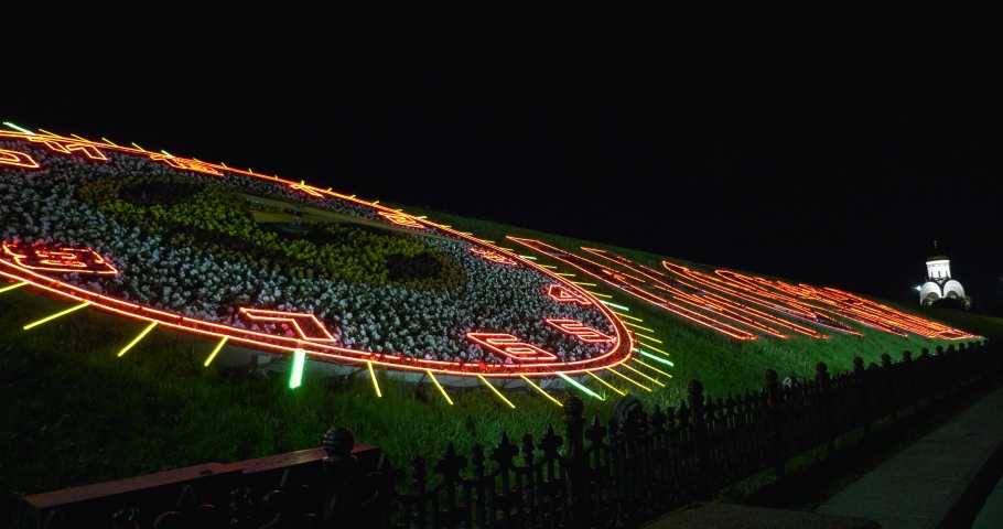4K night video footage view of flower clock at Moscow Poklonnaya Hill in the capital of Russia