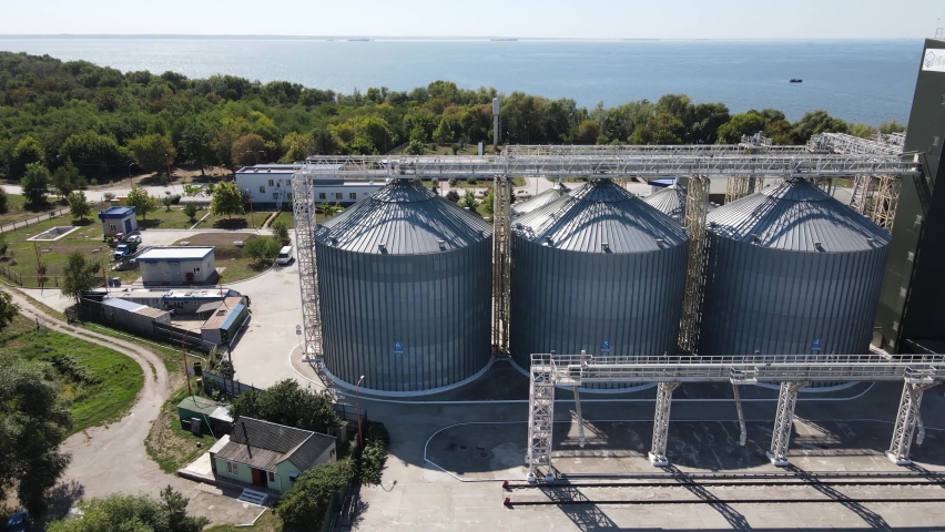 Grain storage silos. Galvanized tanks for grain. Granary with mechanical equipment for receiving,drying, grain shipment