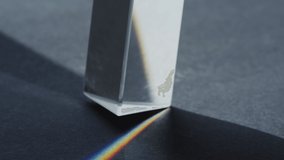 Close up tilt up shot of glass prism being moved and dispersing light into spectrum of rainbow colors - Powered by Shutterstock - Get 15% off with code: PIKWIZARD15