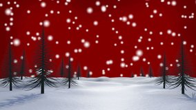 Animation of snow falling over winter scenery on red background. christmas, winter, tradition and celebration concept digitally generated video.