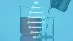 Animation of dna chain over fluid pouring into measuring cups on blue background. chemistry and science concept digitally generated video.