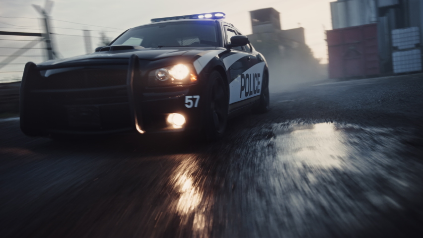 Traffic Patrol Car in Pursuit. Police Officers in Squad Car Chasing Suspect on Industrial Road, Sirens Blazing, High Speed. Cops on Emergency Response Call. Stylish Cinematic Action Packed Shot | Shutterstock HD Video #1095135017