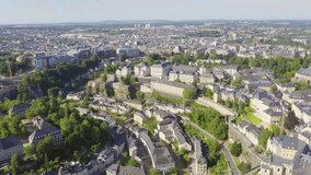 Inscription on video. Luxembourg, Historical city center in the morning. Lightning strikes the letters, Aerial View