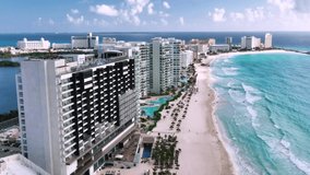 Drone video of the cancun hotels zone, carribean sea, luxury hotel