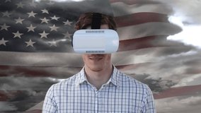 Animation of man in vr headset over american flag and clouds. communication, data technology and digital interface concept digitally generated video.