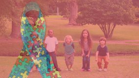 Animation of colourful puzzle pieces creating autism awareness ribbon over schoolchildren. autism, learning difficulties, support and awareness concept digitally generated video. - Powered by Shutterstock - Get 15% off with code: PIKWIZARD15