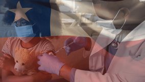 Animation of flag of chile waving over doctor wearing face mask and vaccinating child. global medicine, healthcare services during covid 19 pandemic concept digitally generated video.