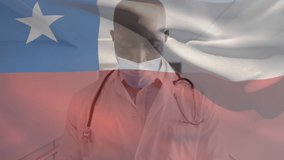Animation of flag of chile waving over doctor wearing face mask. global medicine, healthcare services during covid 19 pandemic concept digitally generated video.