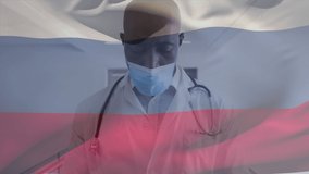 Animation of flag of russia waving over doctor wearing face mask. global medicine, healthcare services during covid 19 pandemic concept digitally generated video.