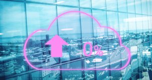 Animation of digital cloud with percent going up over cityscape. global connections, data storage and processing, digital interface concept digitally generated video.