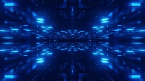 Fly through symmetrical technology cyberspace with neon glow. Sci-fi flight through hi-tech technology tunnel. Neon light. 3d looped 4k bg. sci-fi constructions, mysterious 3d objects. 3D Illustration - Powered by Shutterstock - Get 15% off with code: PIKWIZARD15