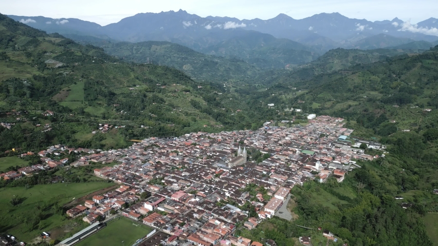Jardin Town Antioquia Colombia Aerial Drone Flying Above Mountain Valley Church near Medellin Daytime Zoom Out