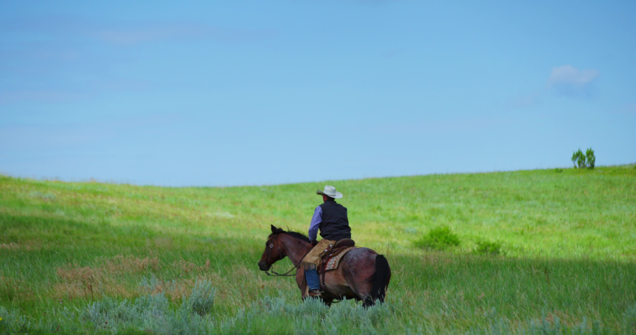 Cowboy Riding His Horse On The Grassy Hill At Daytime. - wide