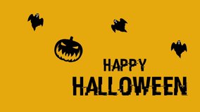 orange background animation video with the words happy helloween day with moving pumpkins