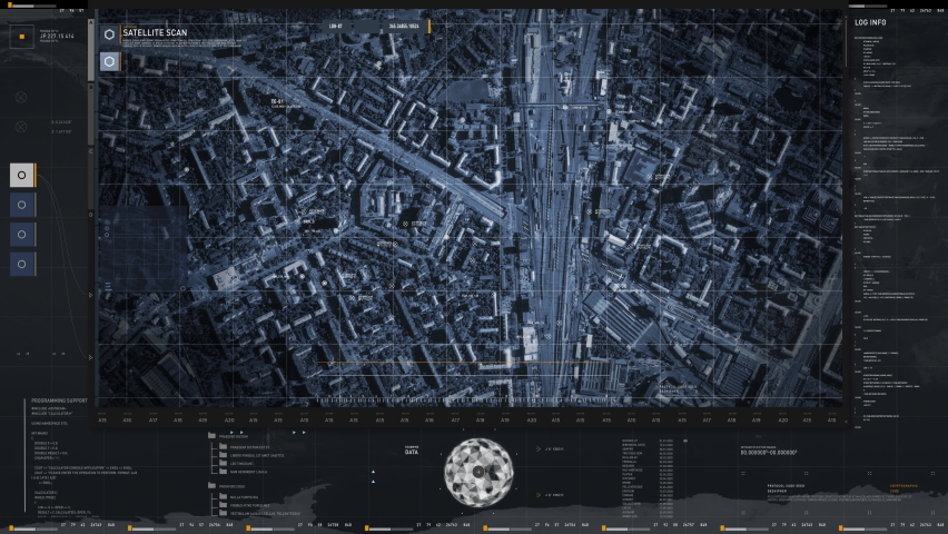Spy Target Position Tracking System Scans Digital City Map. Location Target Data Tracking During Spy Mission. Spy Satellite Surveillance Target Tracking Software Interface Analyzes Radar Data Royalty-Free Stock Footage #1095158297