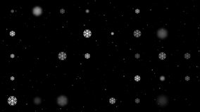 Template animation of evenly spaced snowflake symbols of different sizes and opacity. Animation of transparency and size. Seamless looped 4k animation on black background with stars