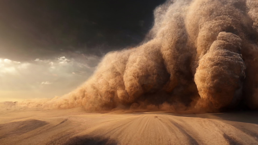 A severe sandstorm with thunderous cumulonimbus type clouds forming from the raging desert winds. Camera tracks back from a sandy desert floor. | Shutterstock HD Video #1095165811