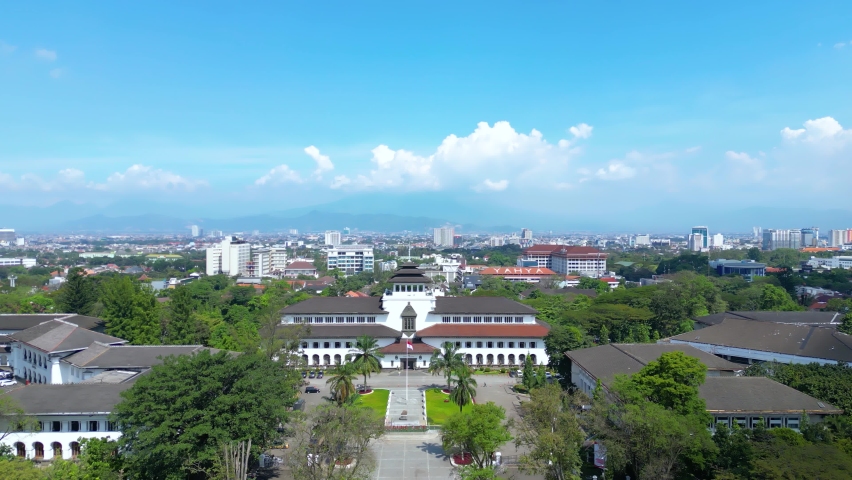 Aerial View of Gedung Sate an Old Historical European Dutch Colonial Governor Building in Bandung, Icon of West Java, Indonesia, Asia Royalty-Free Stock Footage #1095166951