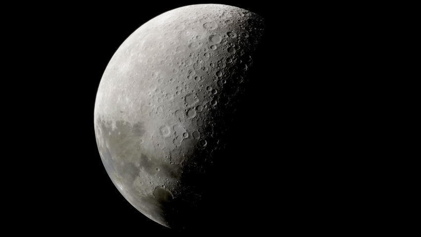 Orbiting in space above the Moon, watching the sun change above the Lunar North Pole. High quality simulation, clean 4K animation of outer space.