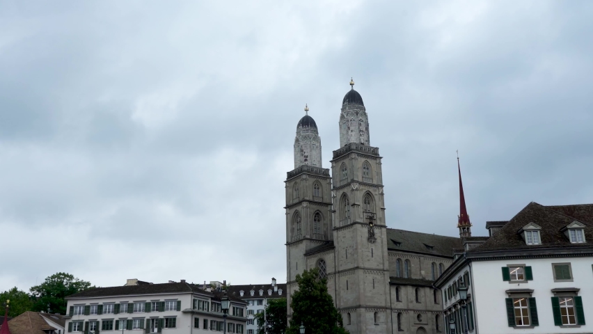 Swiss Grossmunster church in Zurich Hyperlapse | Timelapse